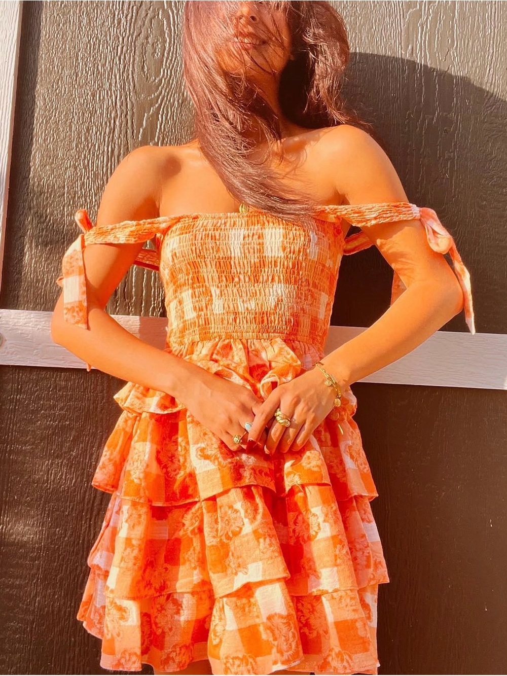 Olivaceous One-Shoulder Orange Tiered Ruffle Dress